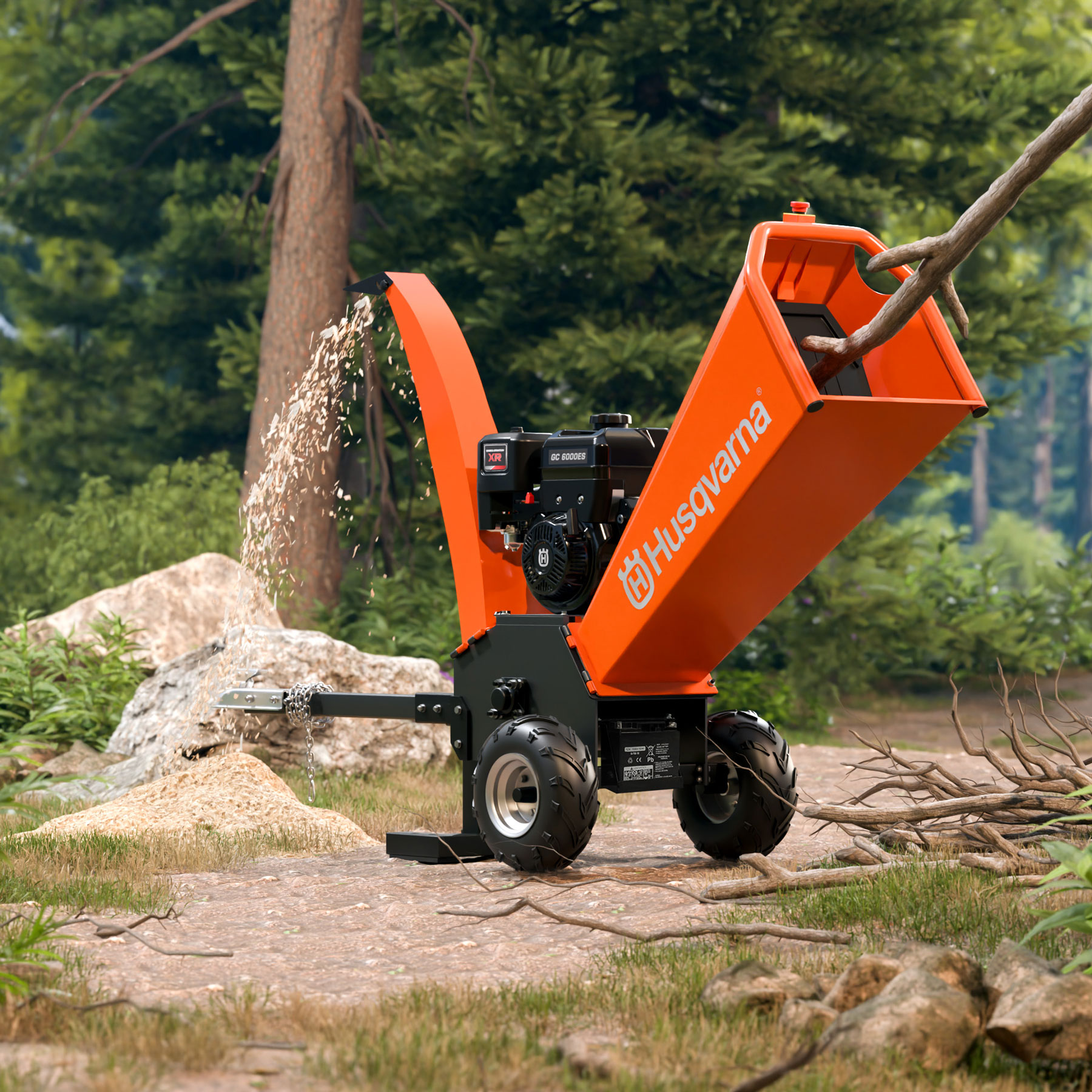 066006 Husqvarna wood chipper in a wooded area in use